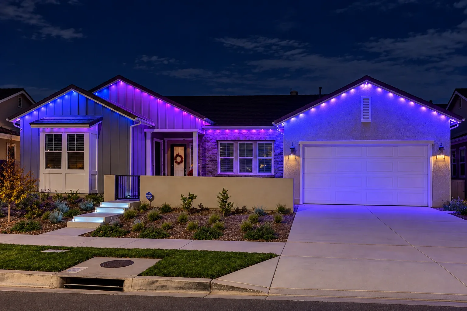 Aurix permanent lighting install with purple and blue scene across the full roofline